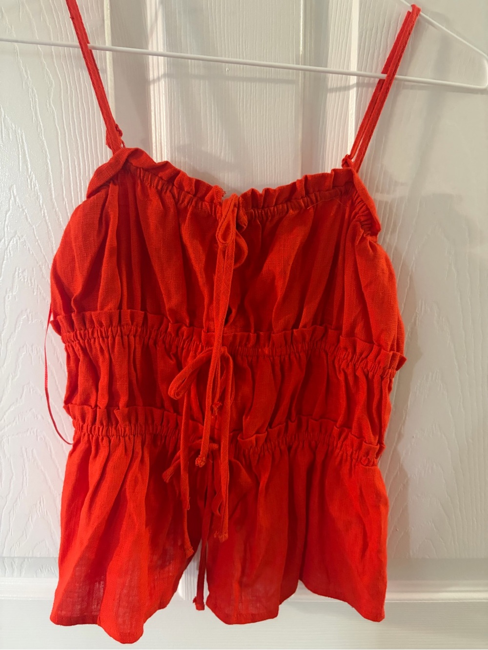 Red Smocked Tie-Front Spaghetti Strap Top